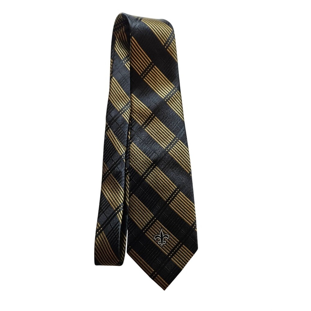 NFL New Orleans Saints Mens Necktie Black Gold Plaid Fleur De Lis Logo Silk Look